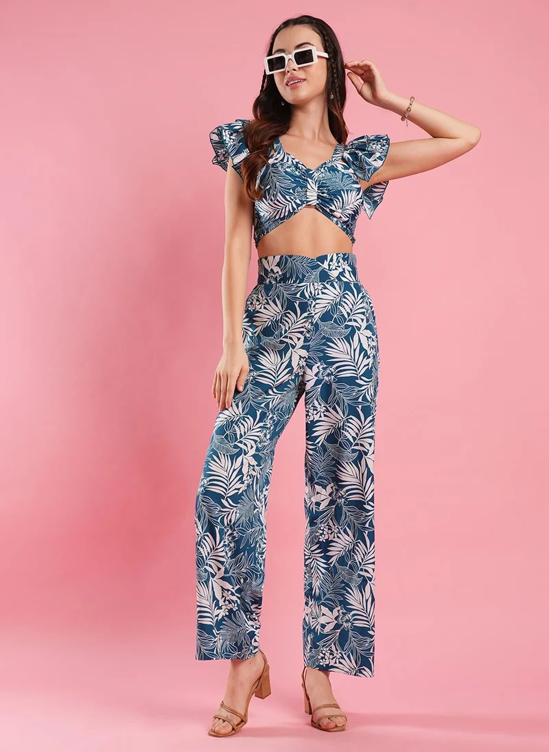 جلو باص طقم نسائي 글로بس بلوزة قصيرة بأكمام فراشة استوائية خضراء وبنطلون واسع من الأسفل